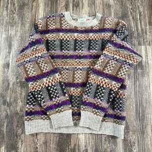 Benetton Shetland Wool Fair Isle Geometric Pattern Crewneck Sweater Women's Med
